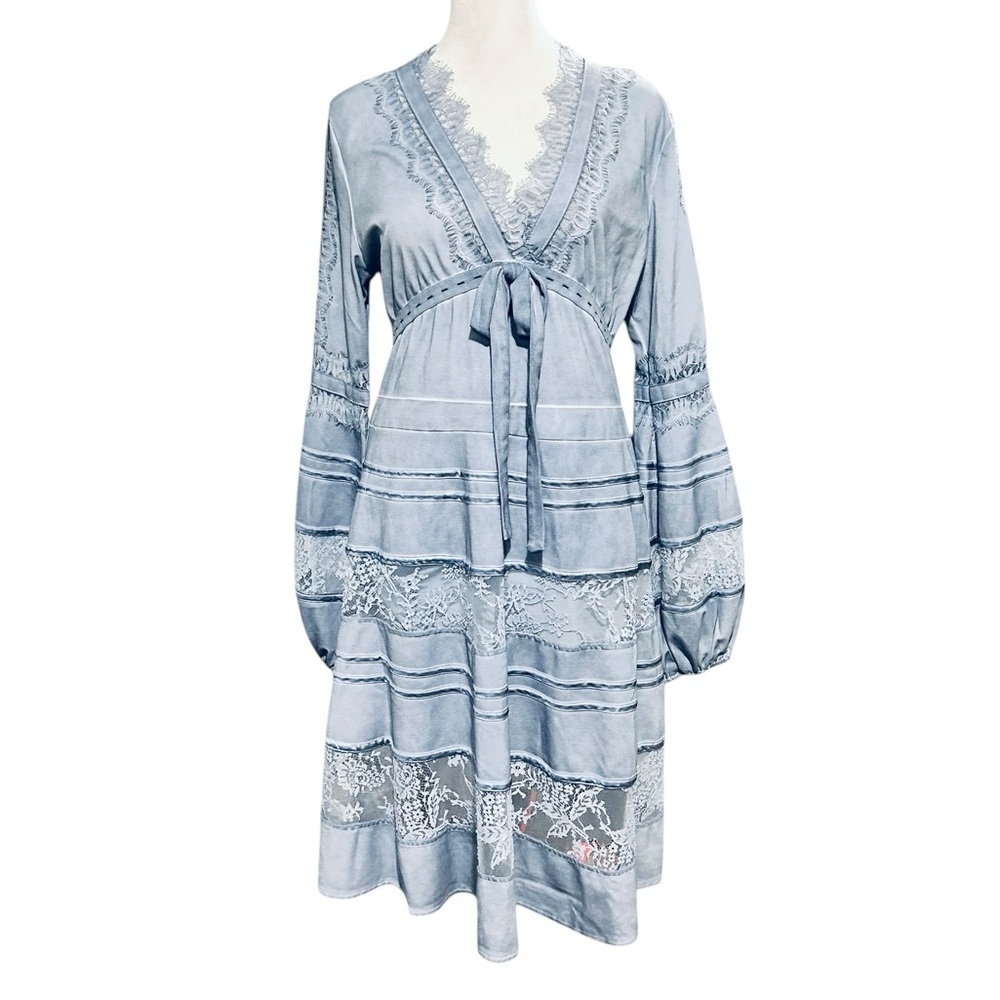 EVOLVE Bohemian Midi Dress Tiered Lace Peasant Sleeves Vintage Inspired EC XL
